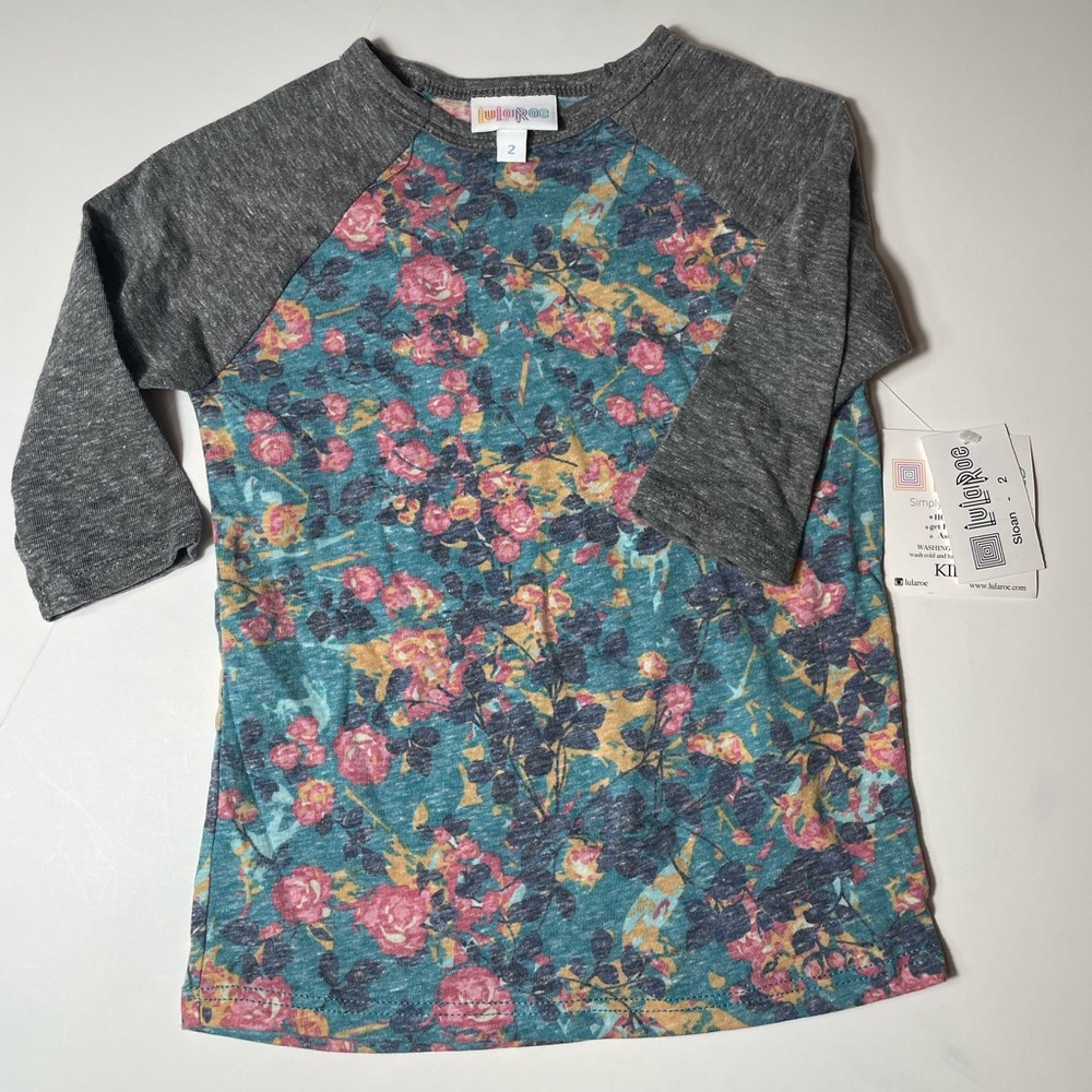 LuLaRoe Kids Floral Raglan Sloan Shirt - Blue and Gray